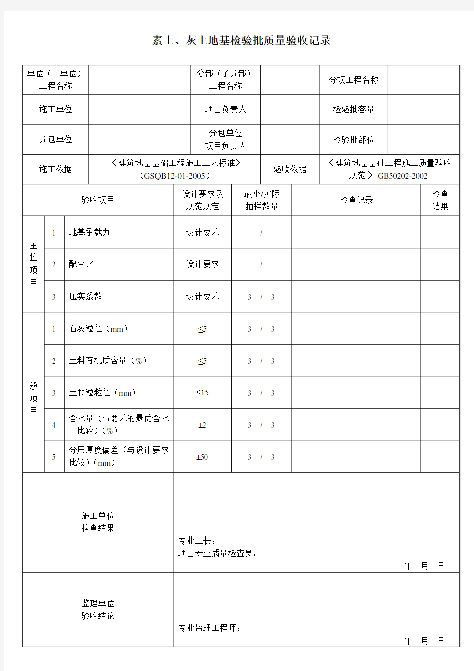 各类质量验收记录表格