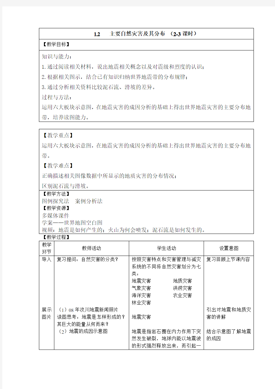 主要自然灾害及其分布教学设计