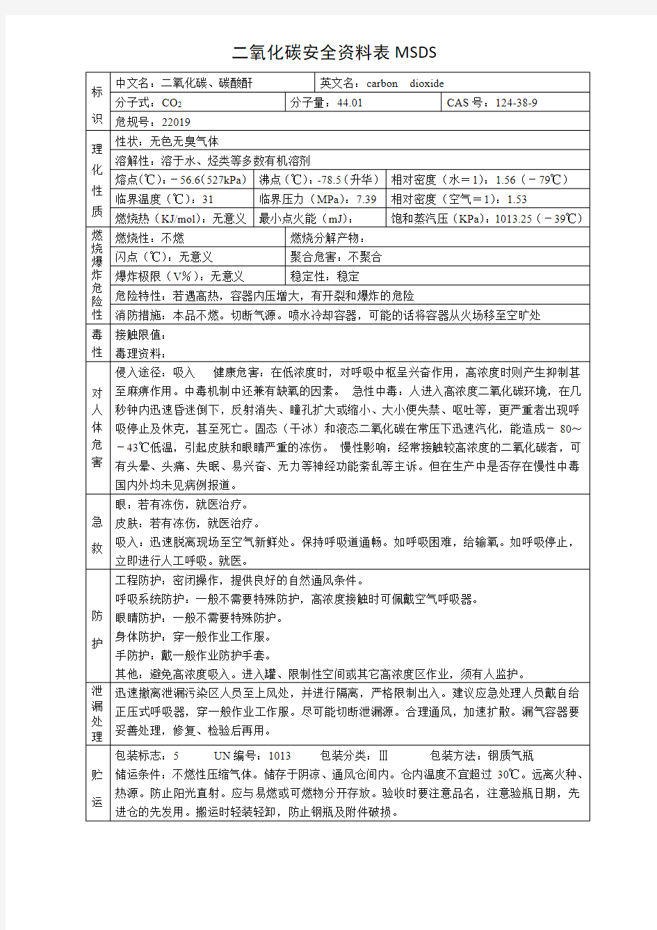 二氧化碳安全资料表MSDS