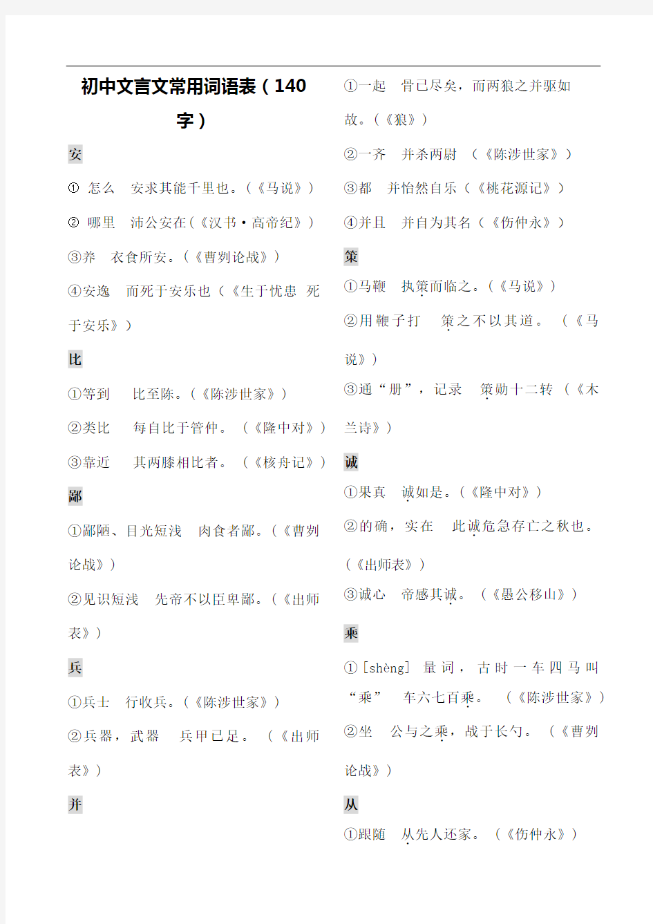 初中文言文常用词语汇编字