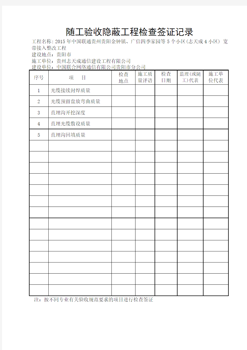 随工验收装修【隐蔽工程】检查签证记录