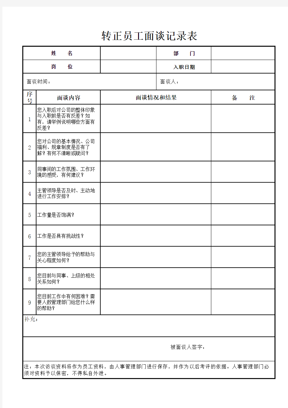 新员工转正面谈记录表