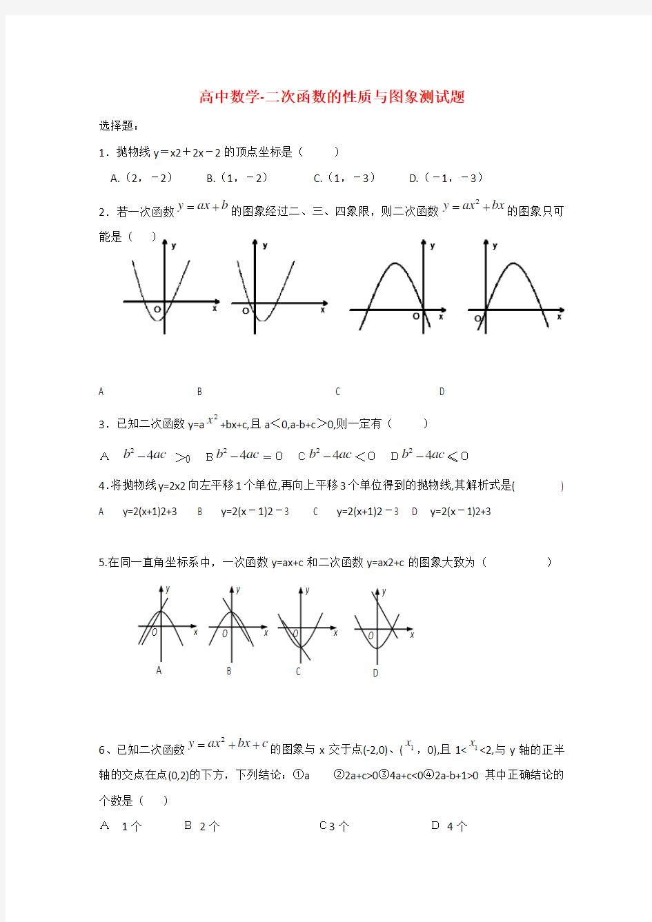 高中数学-二次函数的性质与图象测试题