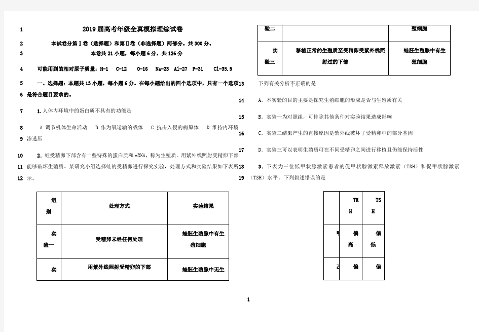 最新2019年高考模拟理综试卷及答案