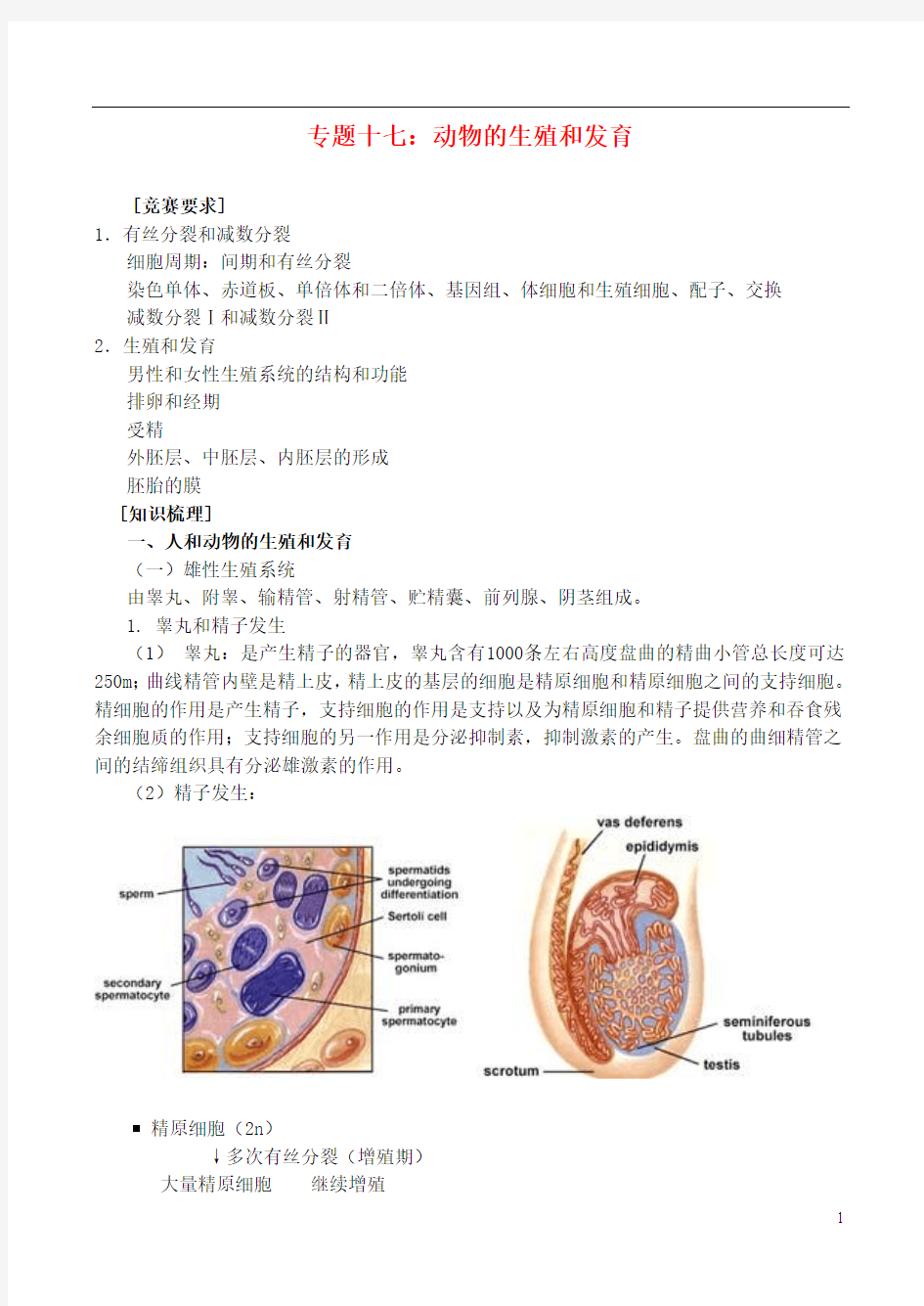 高中生物 竞赛辅导资料 专题十七  动物的生殖和发育 新人教版