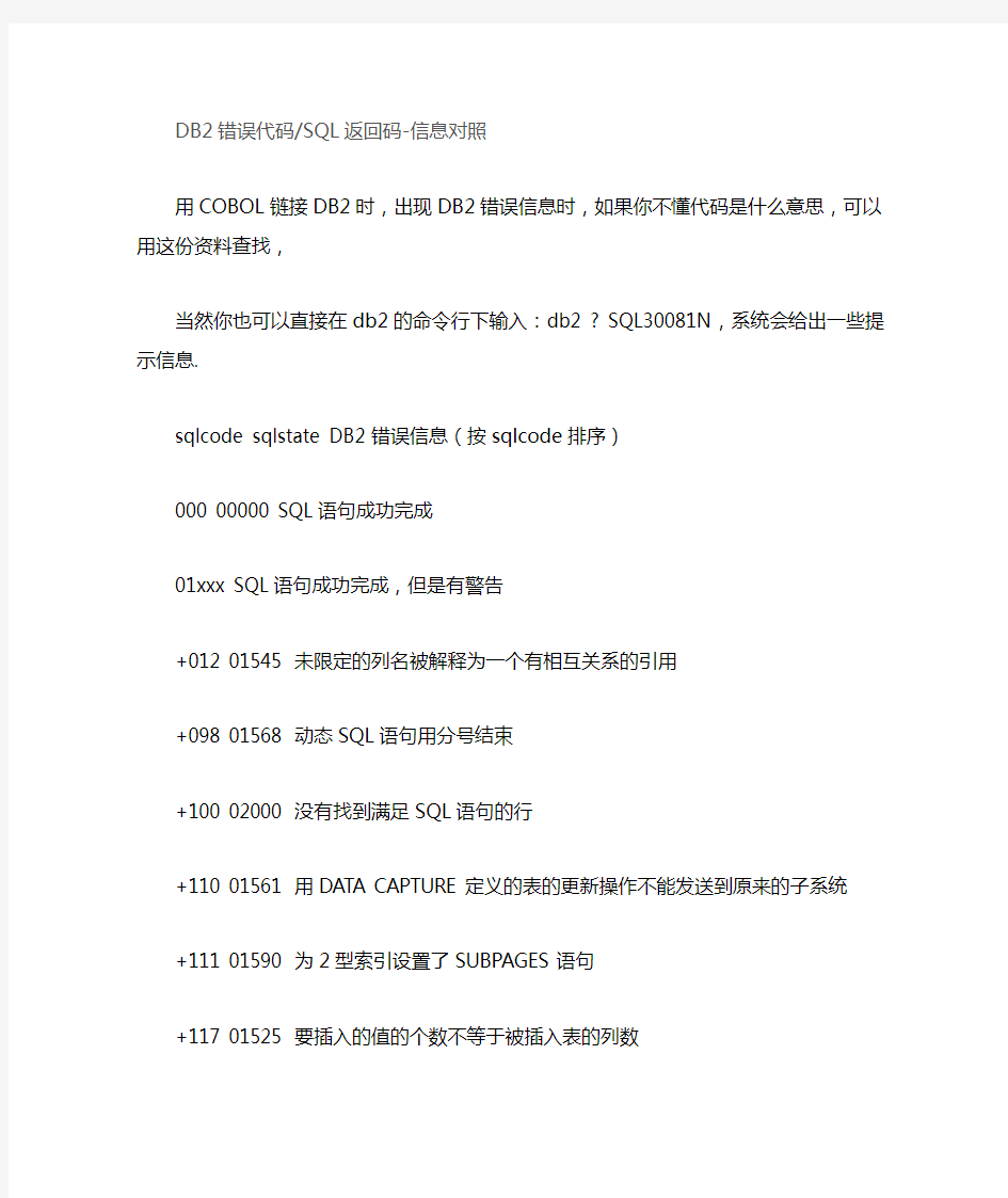 DB2错误代码SQL返回码