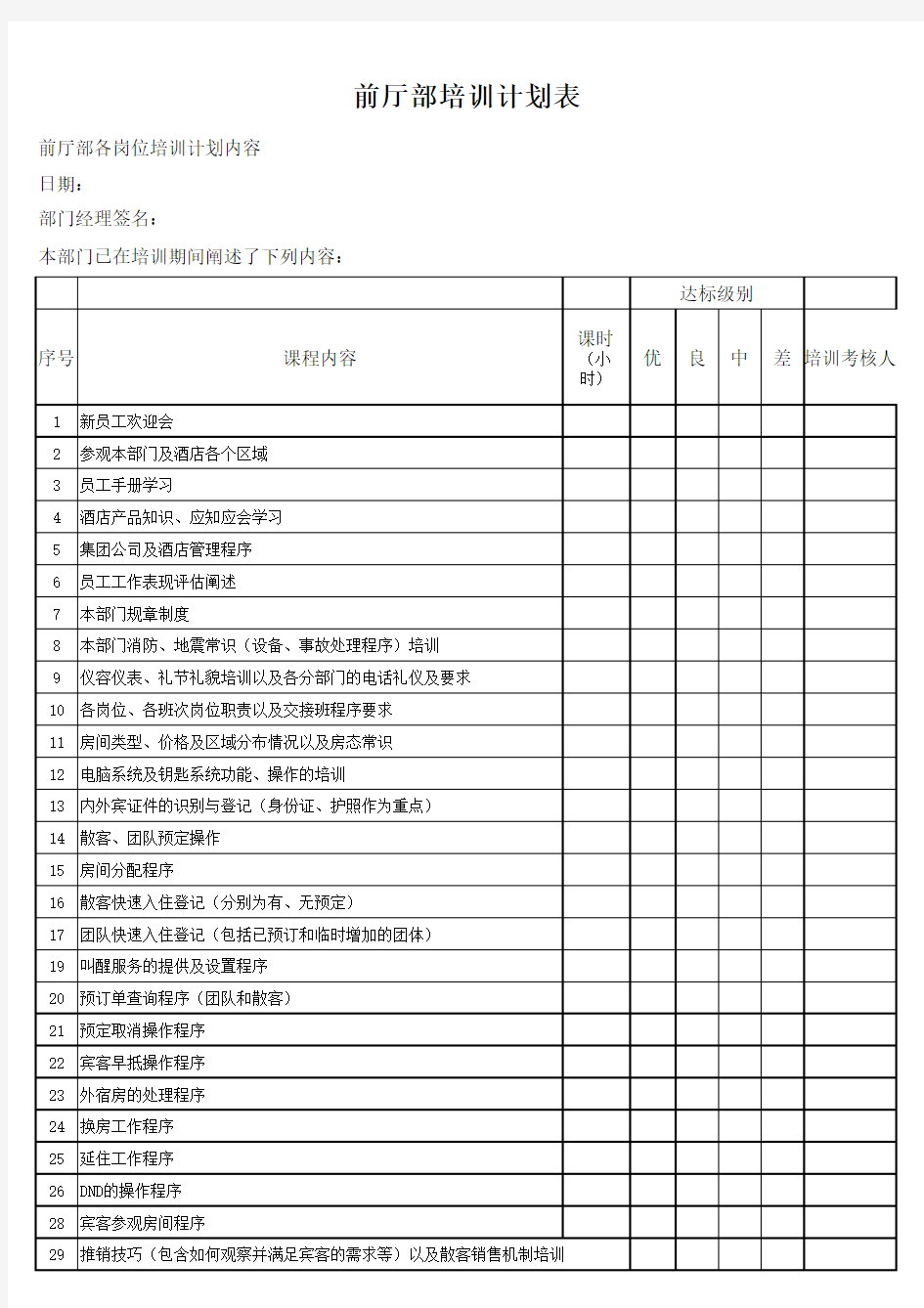 前厅部培训计划表