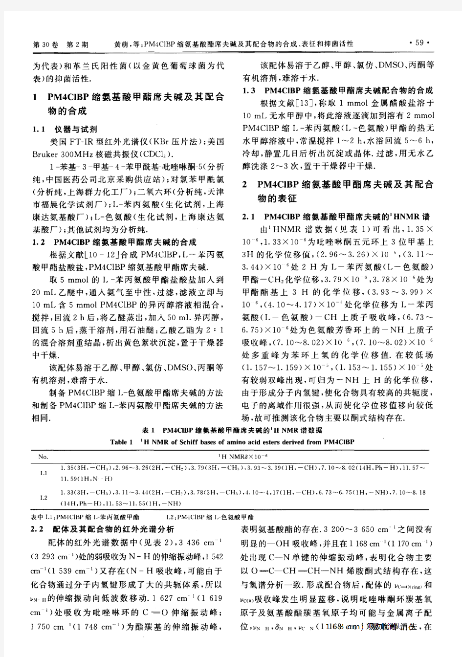 PM4ClBP缩氨基酸酯席夫碱及其配合物的合成、表征和抑菌活性