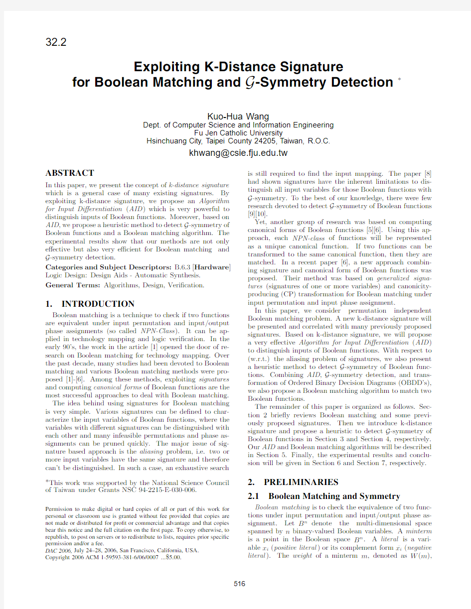 32.2 ABSTRACT Exploiting K-Distance Signature for Boolean Matching and G-Symmetry Detection
