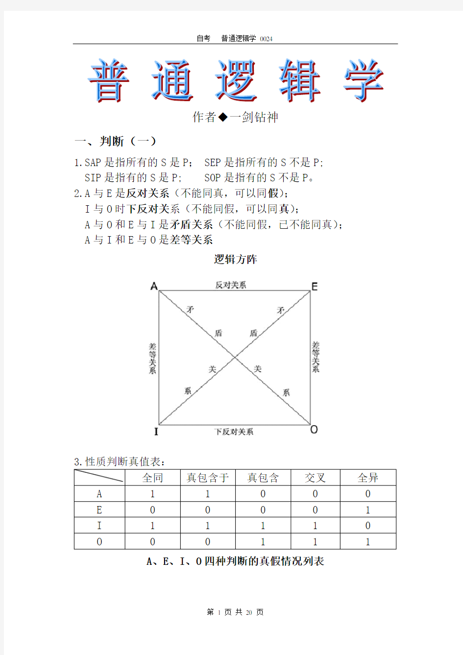 自考普通逻辑学知识点及公式