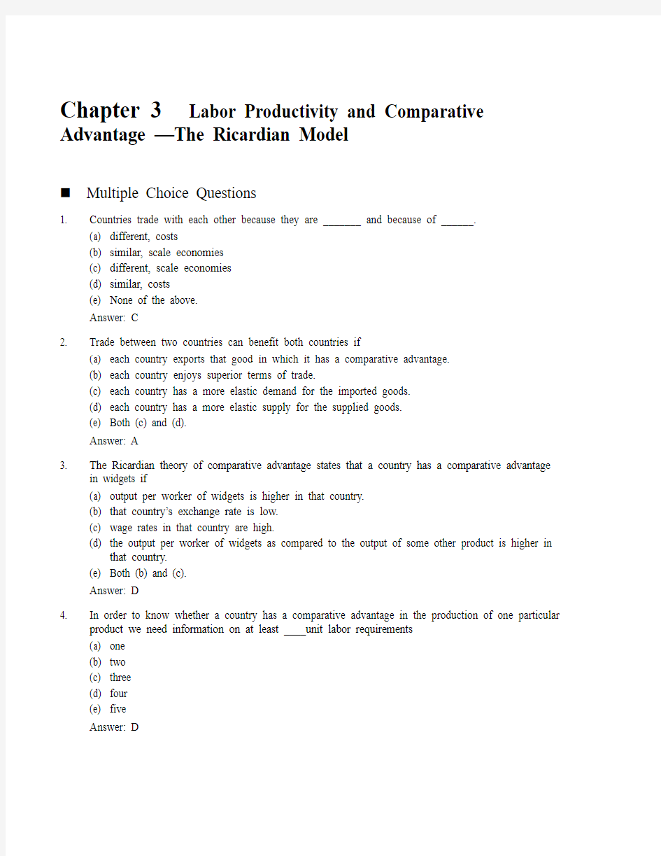 国际经济学作业答案-第三章