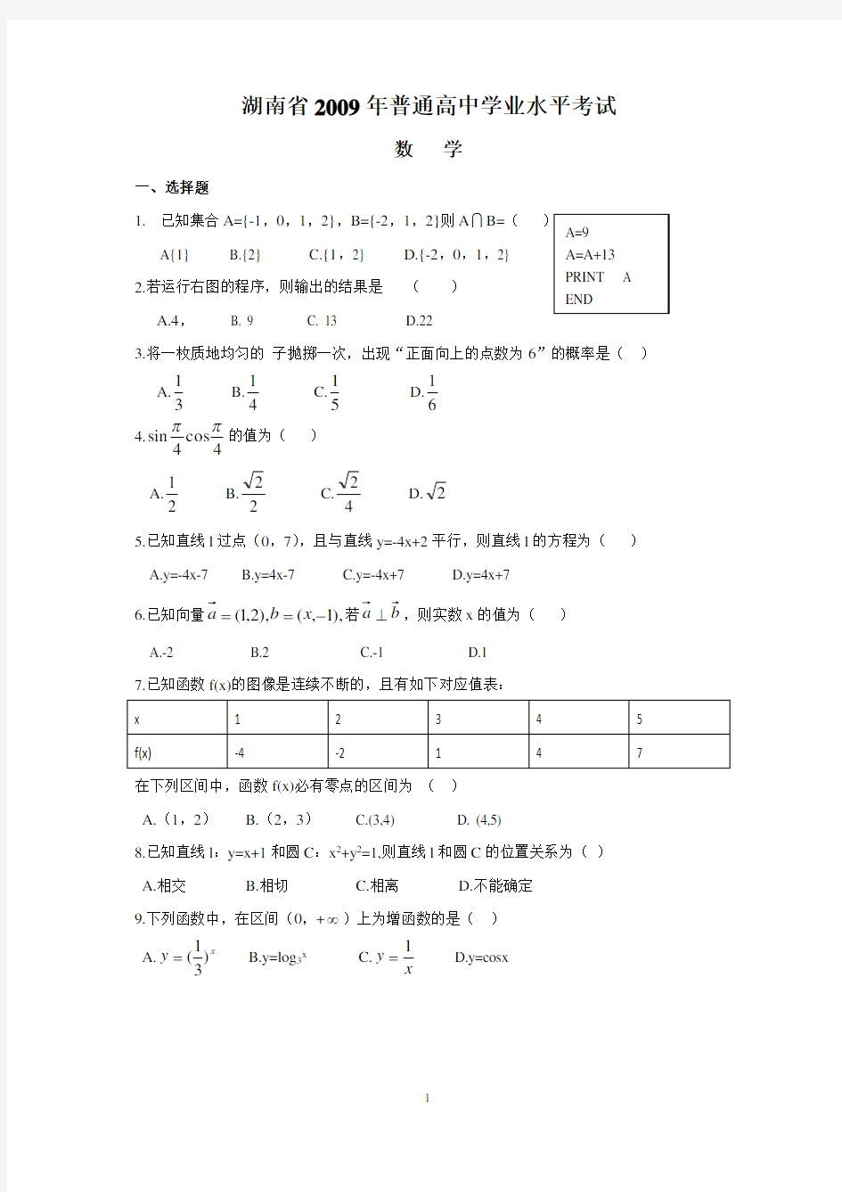 2009-2014年湖南省普通高中学业水平考试数学试卷及答案