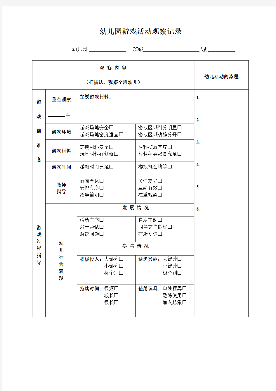 幼儿园游戏活动观察记录