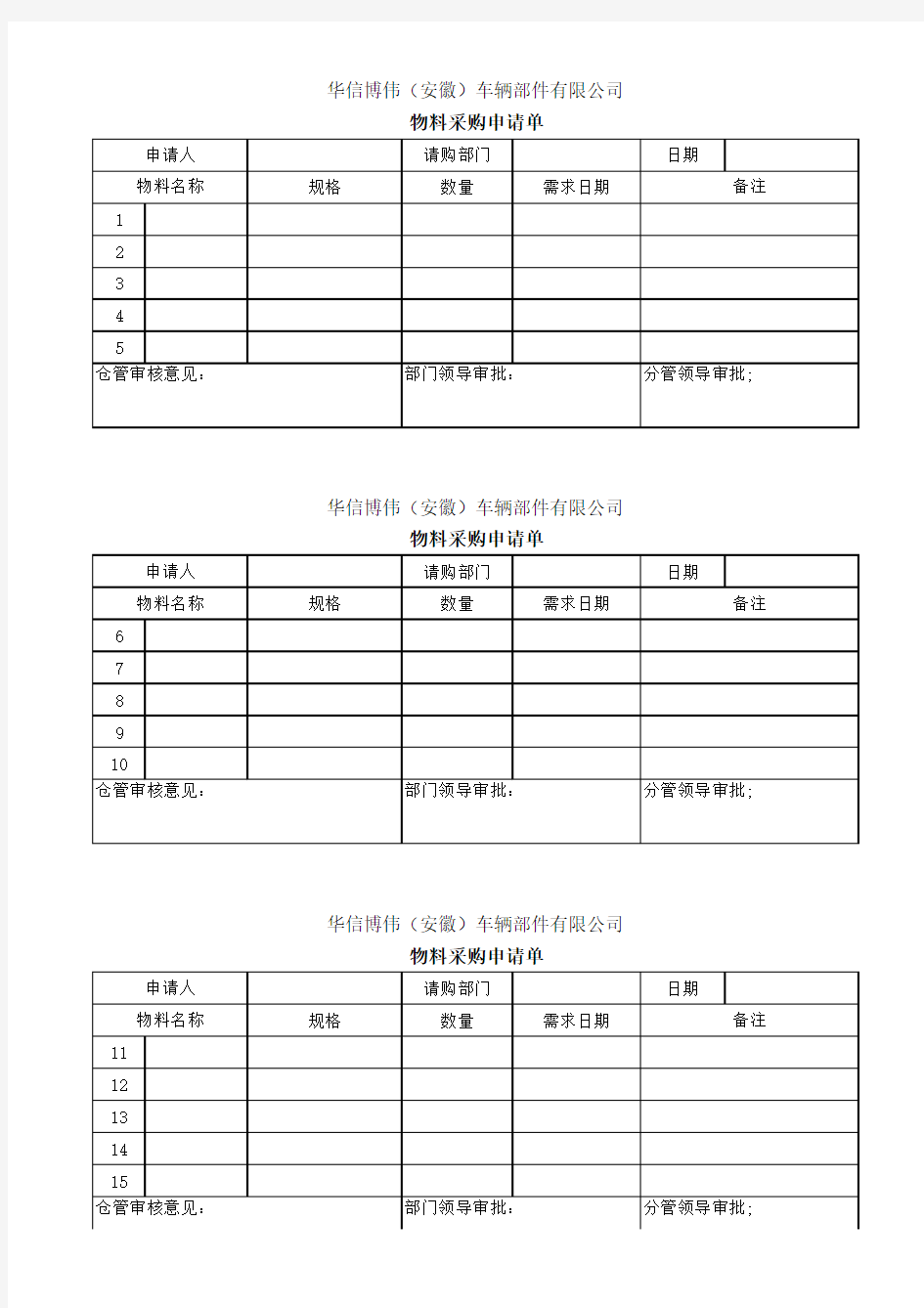 物料采购申请单