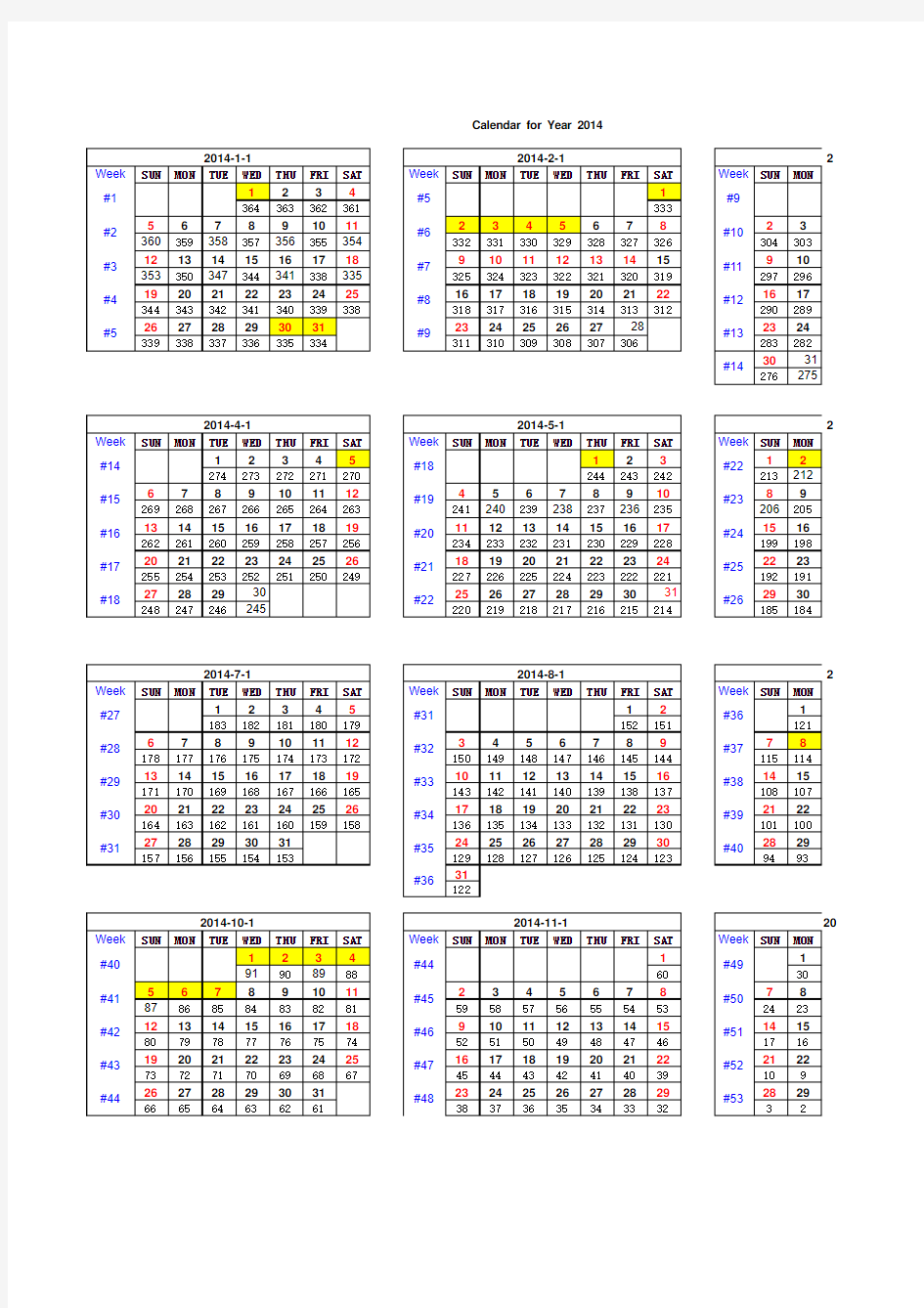 2014年英文日历Calendar for year 2014