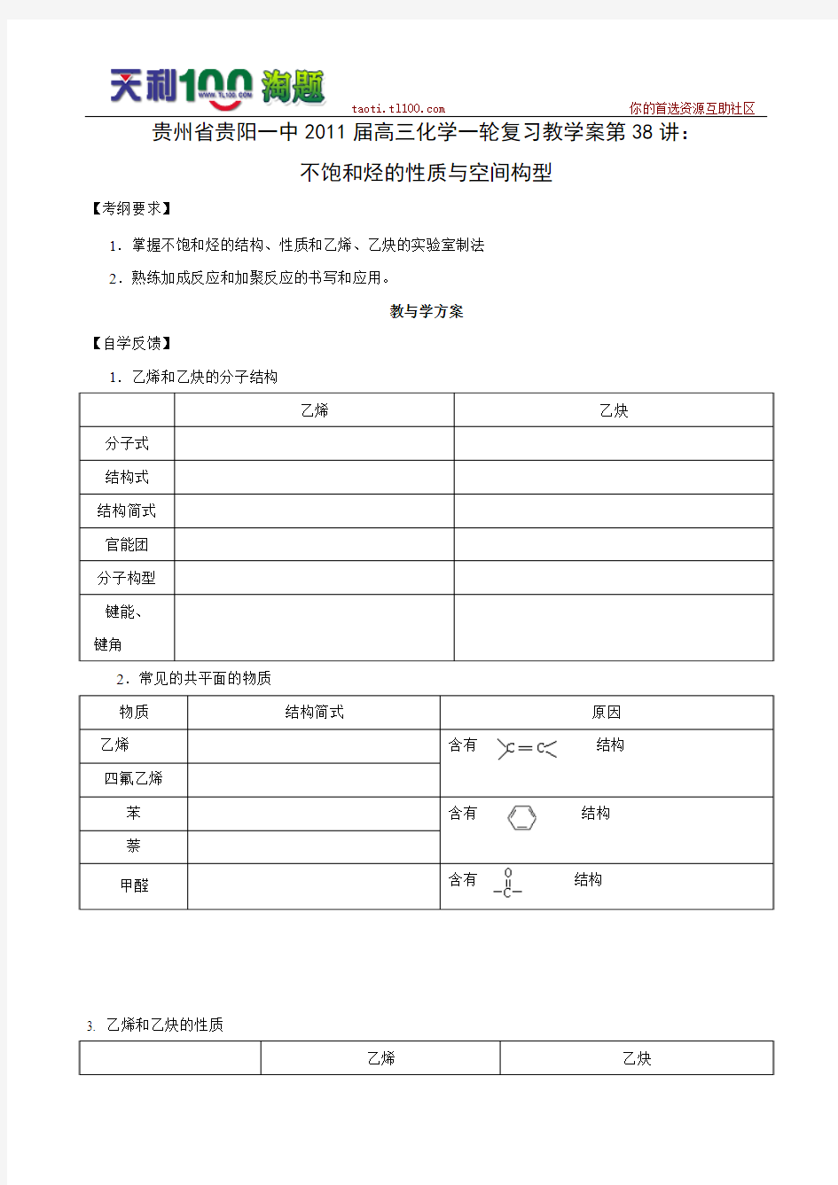 不饱和烃的性质与空间构型