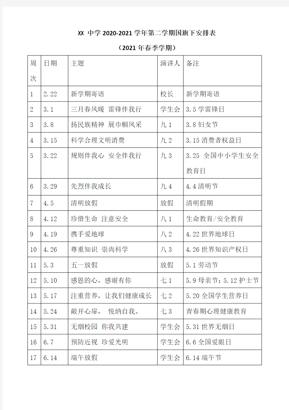 XX中学2020-2021学年第二学期国旗下讲话安排表