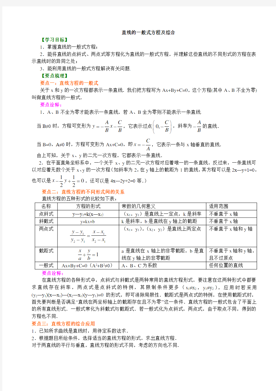 (完整版)高一数学直线方程知识点归纳及典型例题