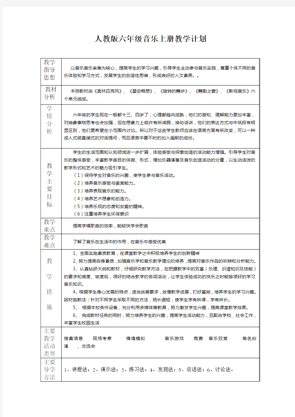 人教版小学六年级上册音乐教案 全册