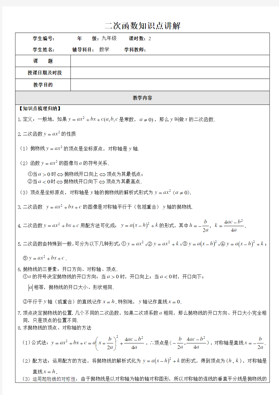 二次函数知识点讲解