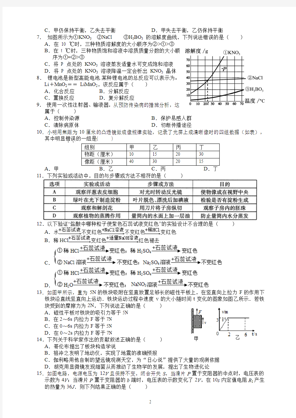 浙江省温州市2020年中考科学模拟卷(PDF版)(试卷+答案)