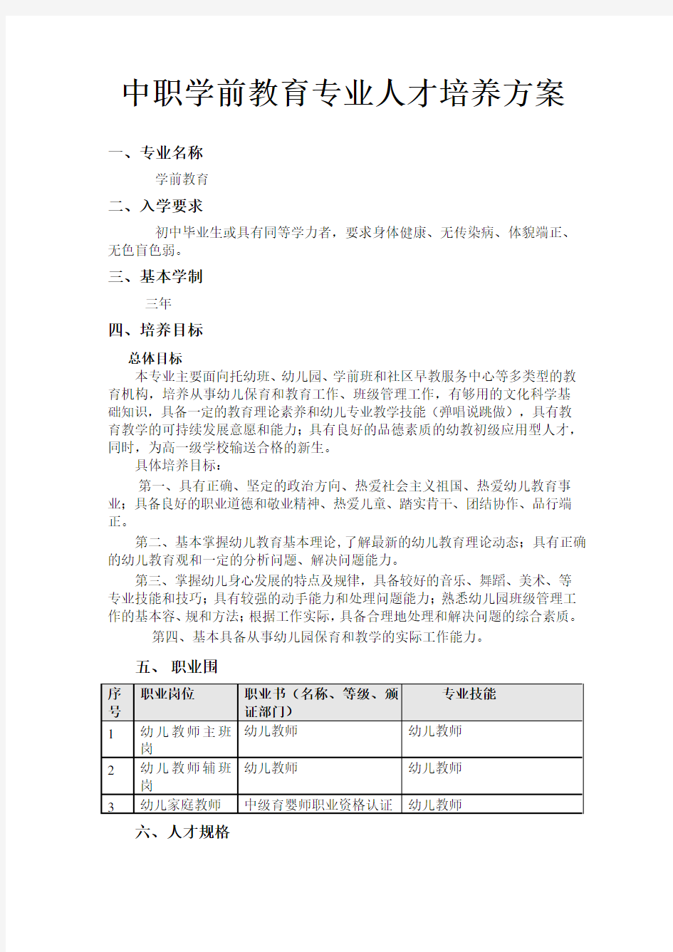 中职学前教育专业人才培养方案