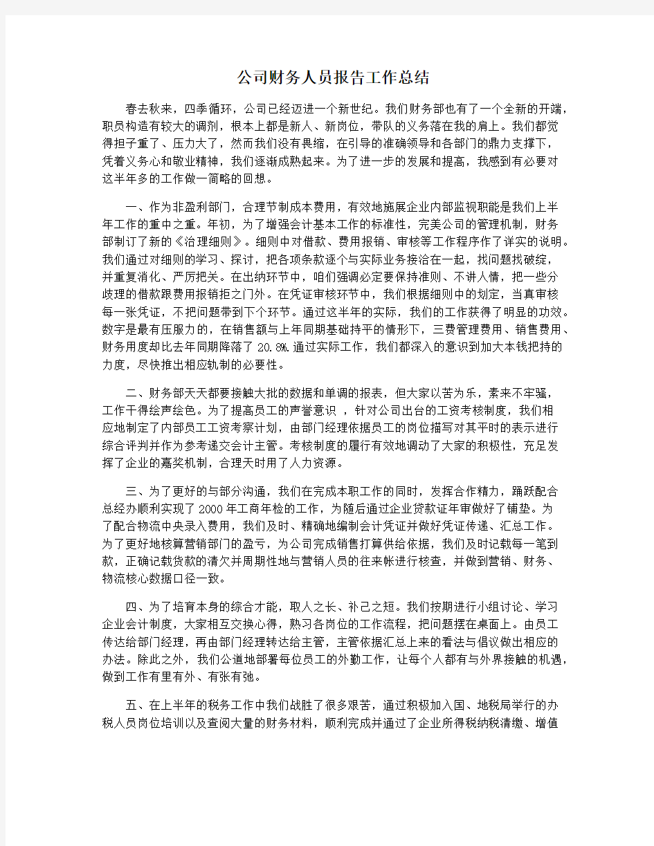 公司财务人员报告工作总结