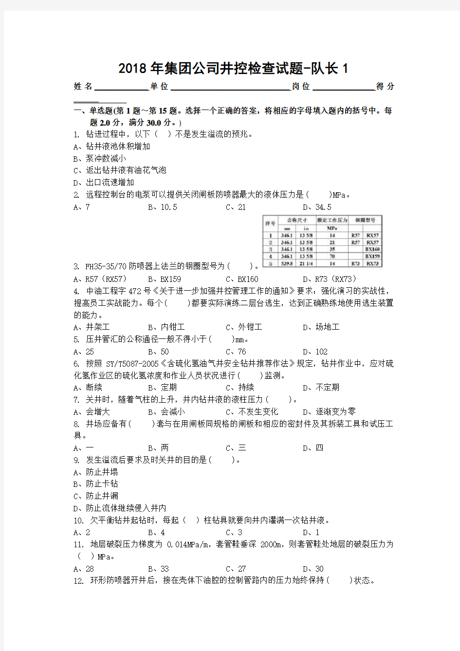 2018年集团公司井控检查-钻井队长试题及答案