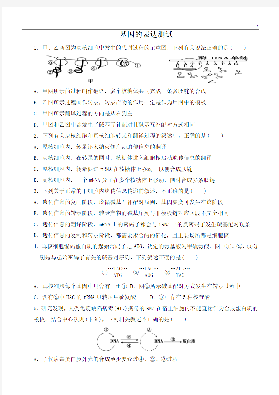 基因的表达检验测试题