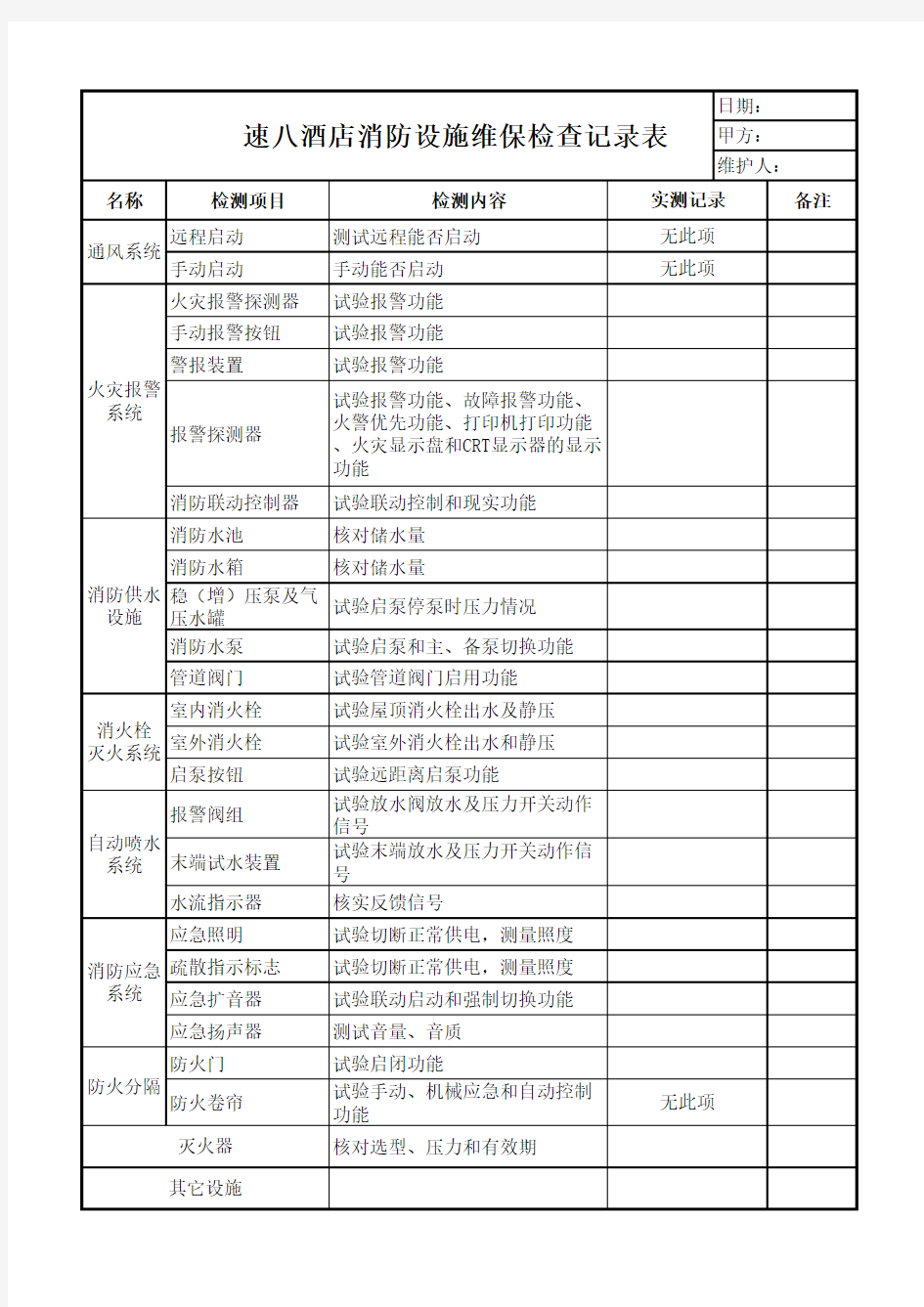 消防设施维保单位检查记录表