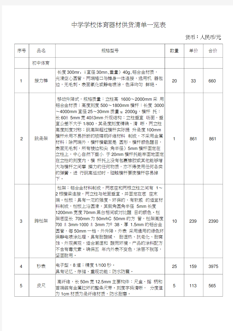 中学学校体育器材供货清单一览表一