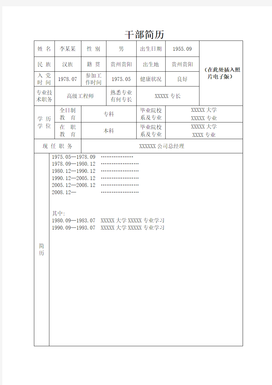 干部简历(正反面模板)填写说明及模板