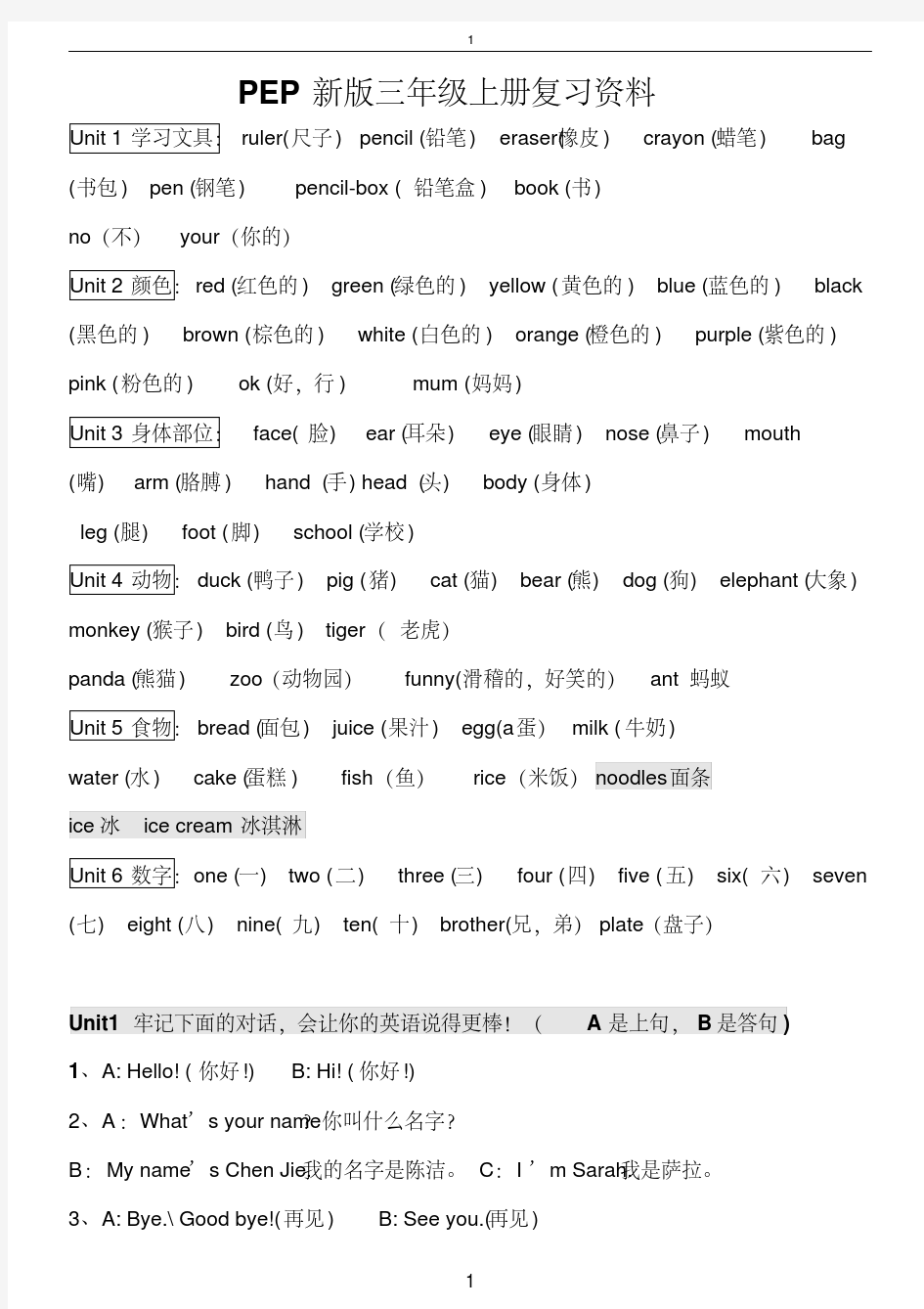 新人教版PEP小学英语三至六年级知识点汇总