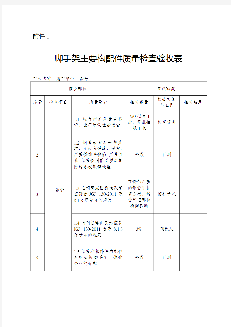 脚手架主要构配件质量检查验收表知识分享