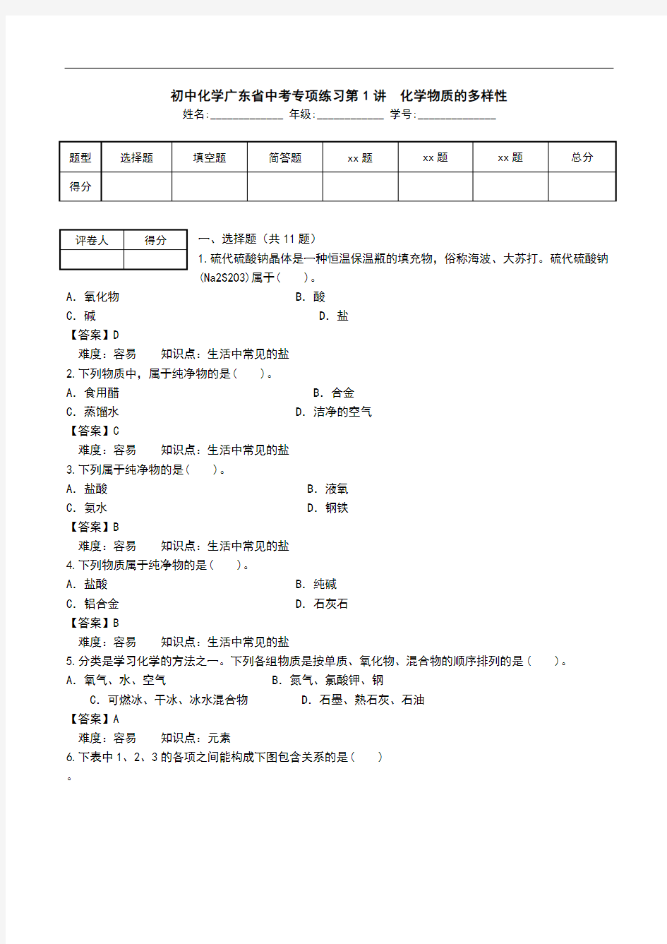 初中化学广东省中考专项练习第1讲 化学物质的多样性.doc