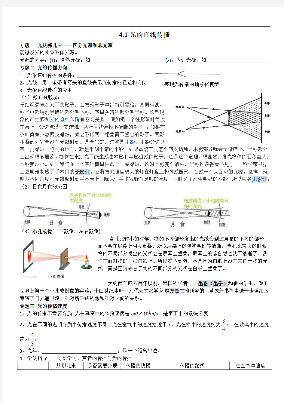 4.1光的直线传播 复习讲义