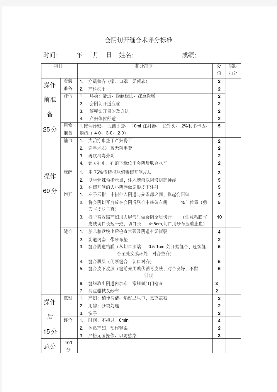 会阴切开缝合术评分标准