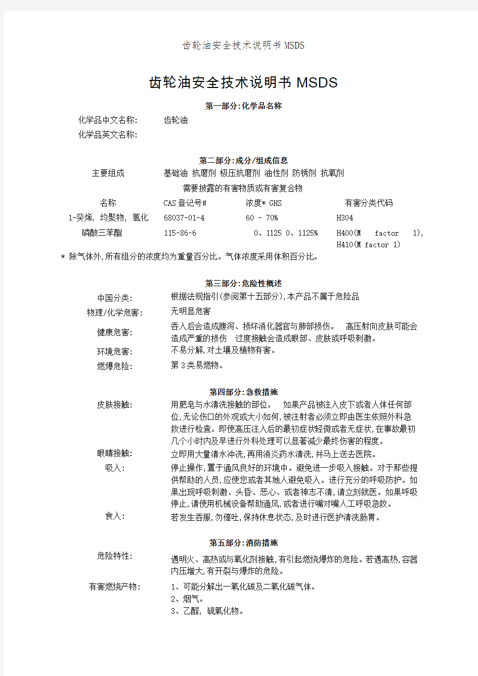 齿轮油安全技术说明书MSDS