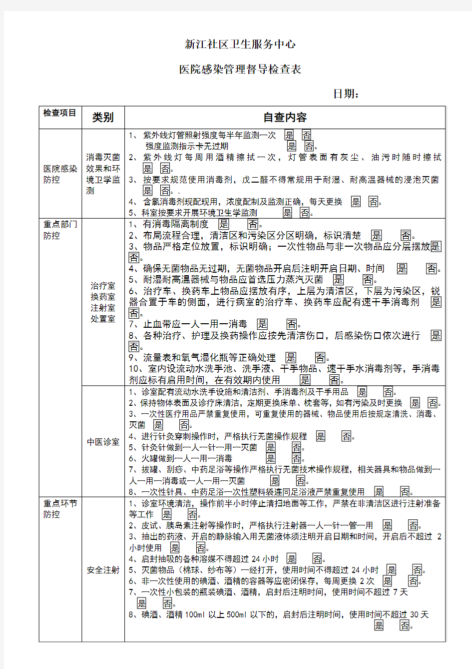 医院感染管理督导检查表