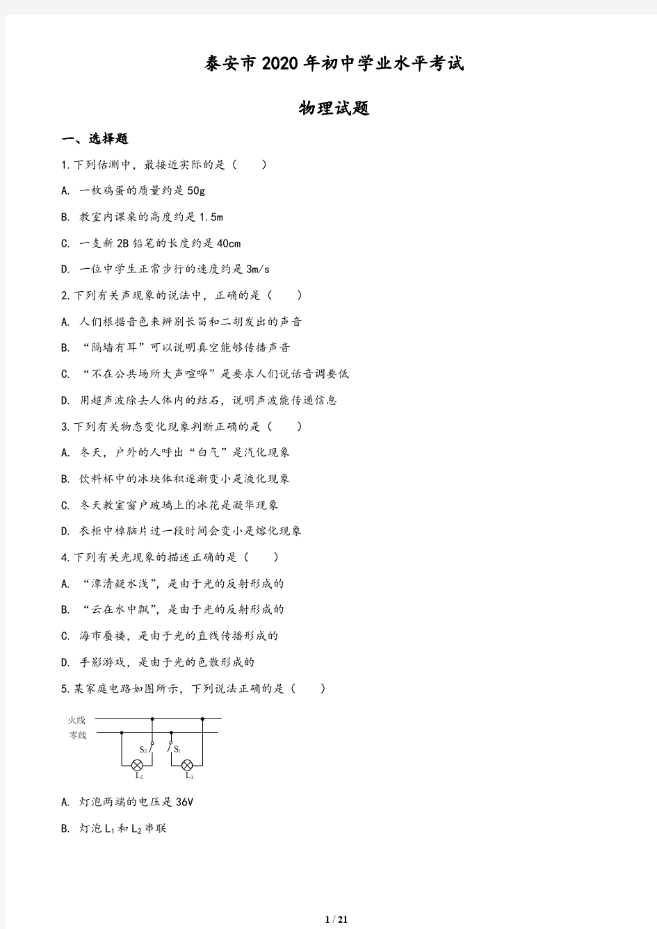 2020年山东省泰安市中考物理试题(含答案与解析)