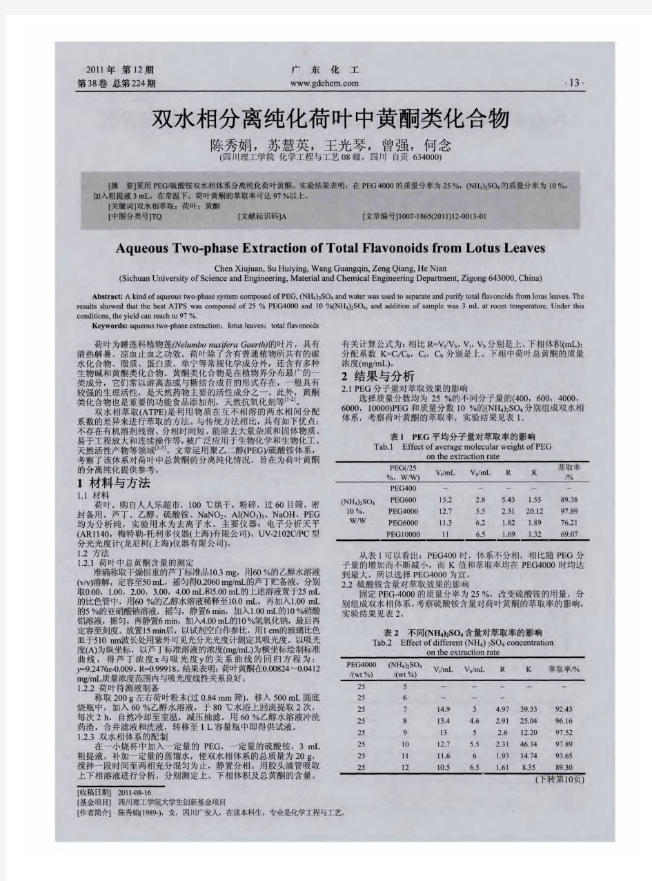 双水相分离纯化荷叶中黄酮类化合物