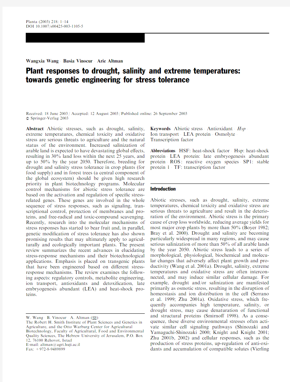 Plant responses to drought,salinity and extreme temperatures towards genetic engineering for stress