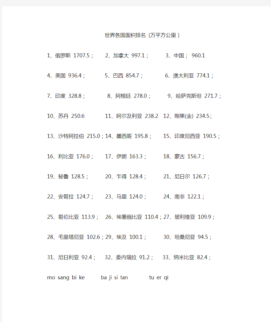 世界各国面积排名带拼音