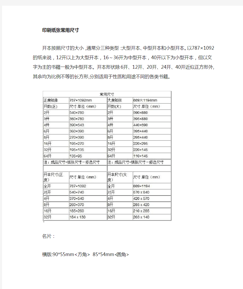 常见纸张开切和书本尺寸对照