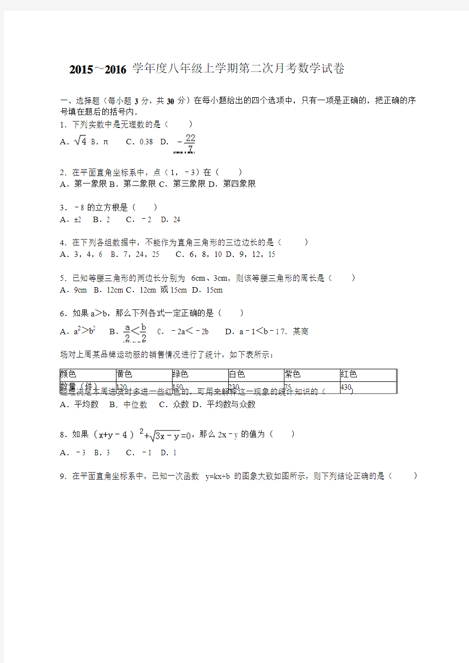 人教版2015～2016年八年级上第二次月考数学试卷含答案解析