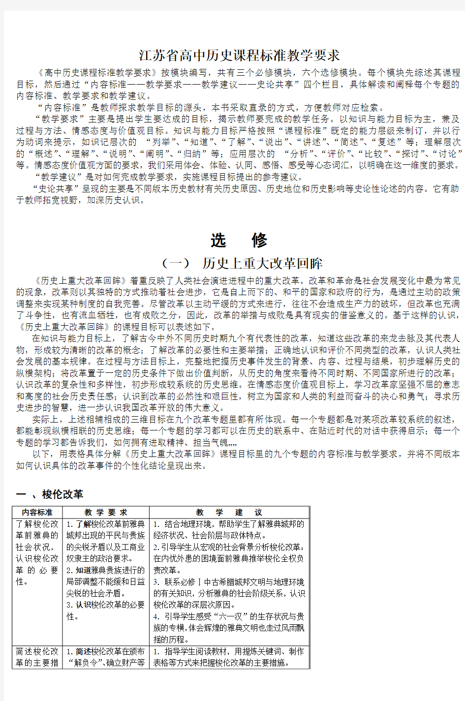 江苏省高中历史课程标准教学要求