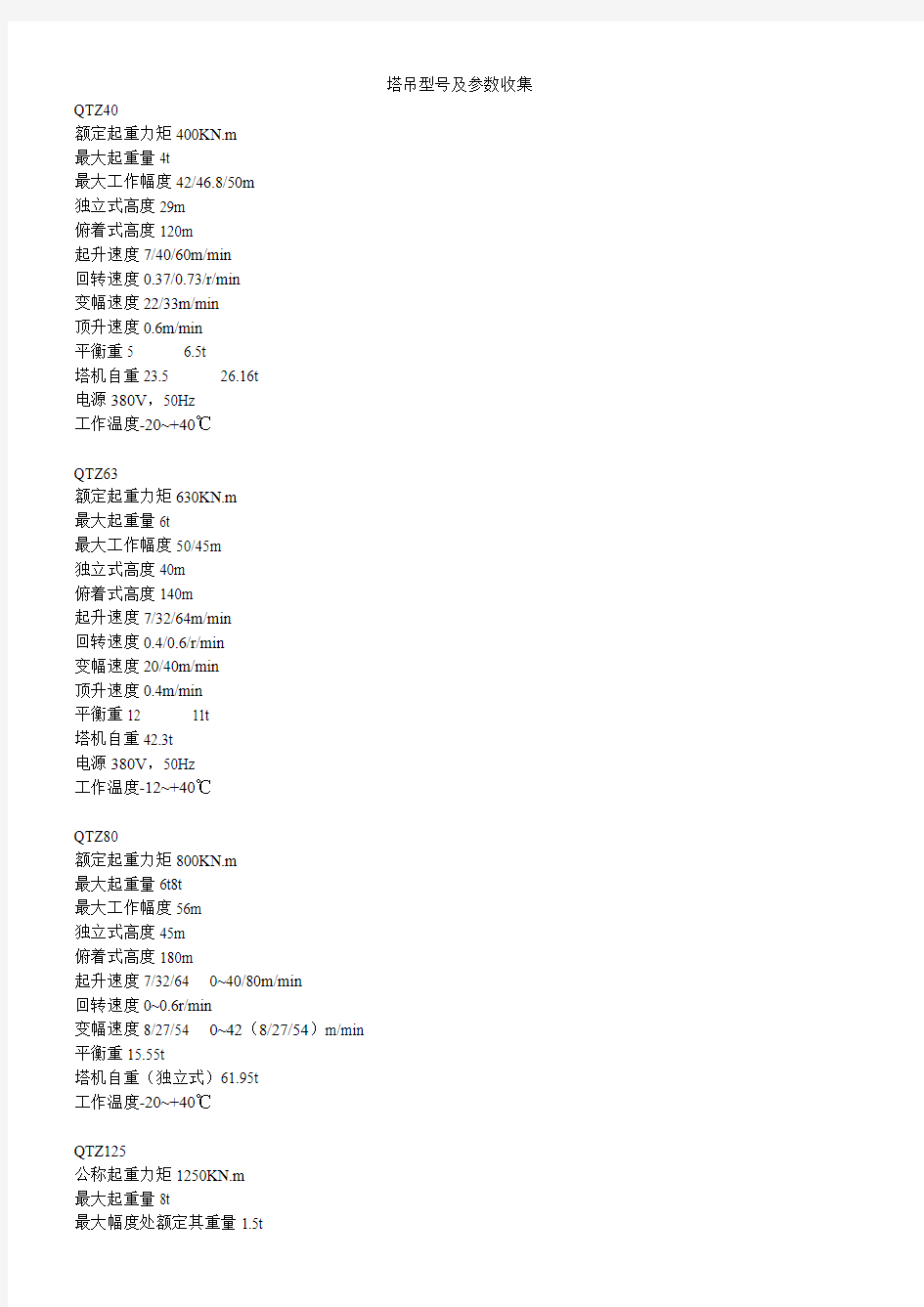 塔吊型号及参数收集资料