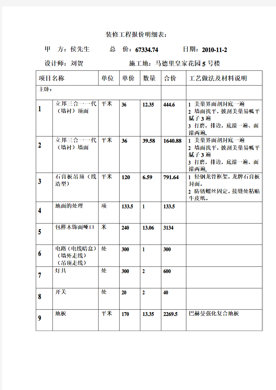 室内装修报价明细表