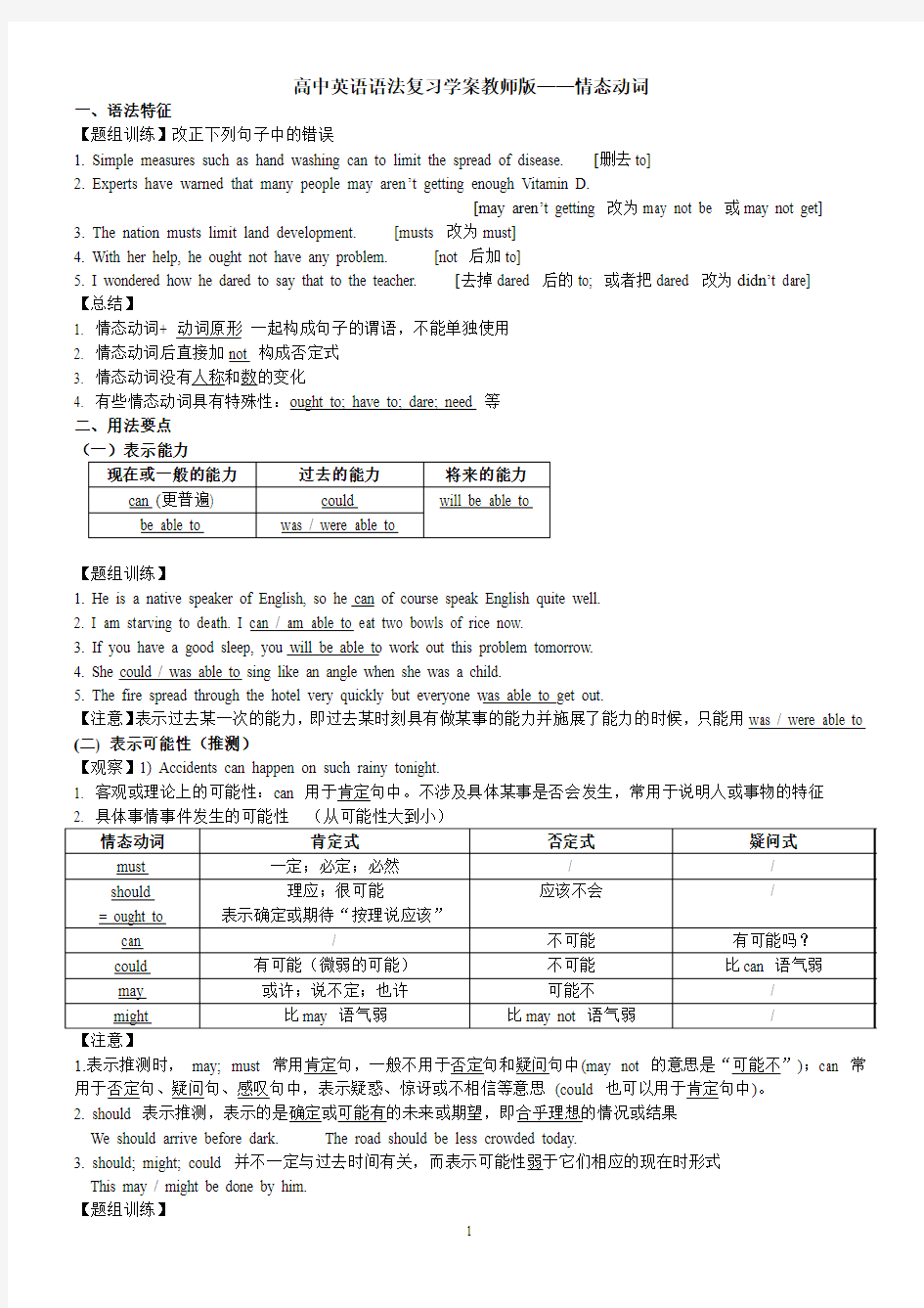 高中英语语法复习学案教师版——情态动词