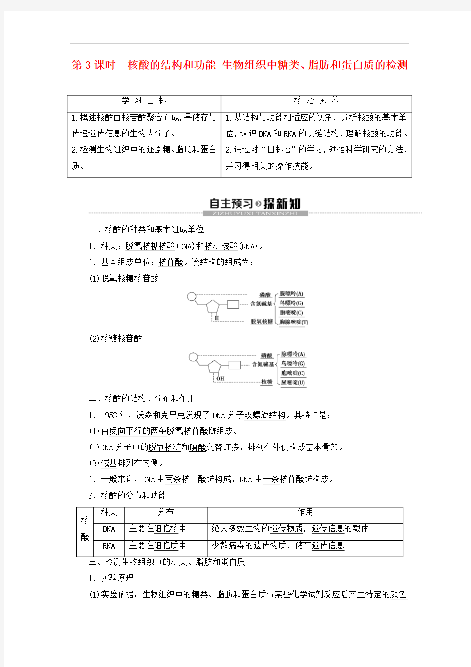 核酸的结构和功能生物组织中糖类脂肪和蛋白质的检测教案-苏教版高中生物必修1教案设计